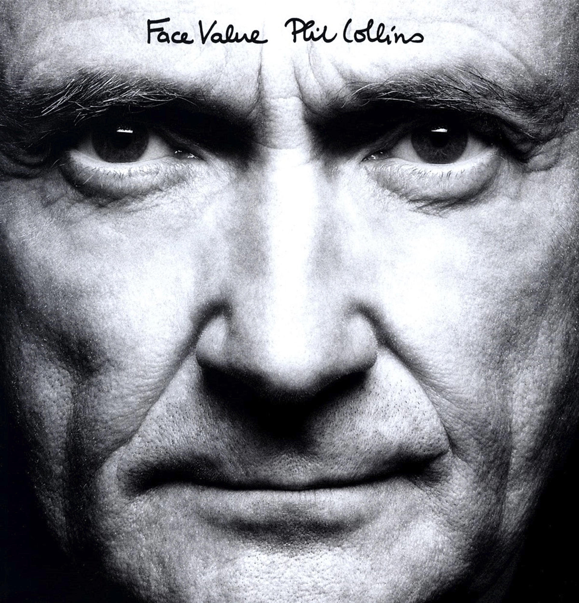 Nahaufnahme von Phil Collins' Gesicht auf einem CD-Cover. Titel: Face Value, von Phil Collins.