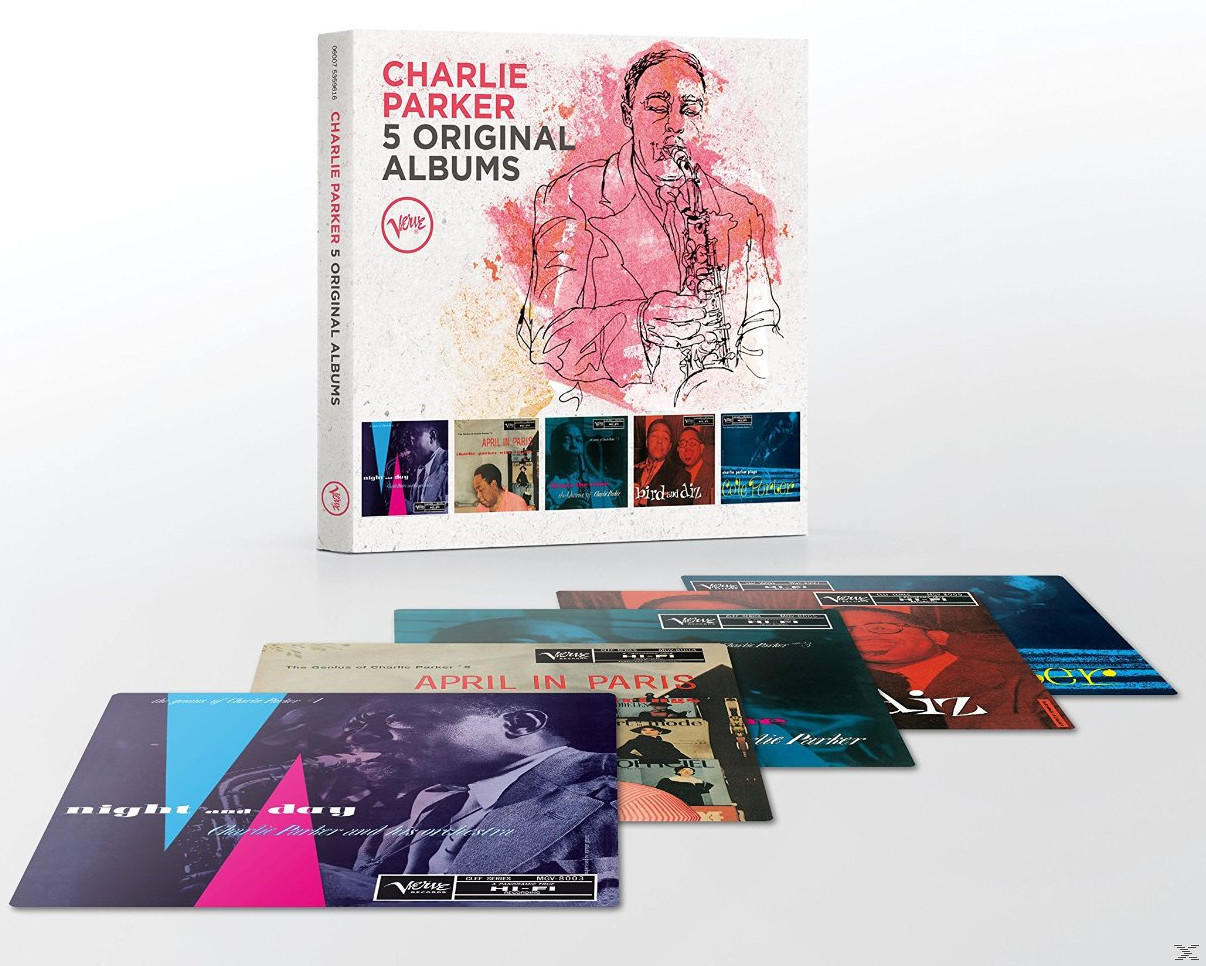 Charlie Parker 5 Original Alben Box-Set mit Albumcovern.