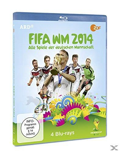 DVD-Cover. Fußballspieler halten eine Trophäe. Text: FIFA WM 2014. 4 Blu-rays.