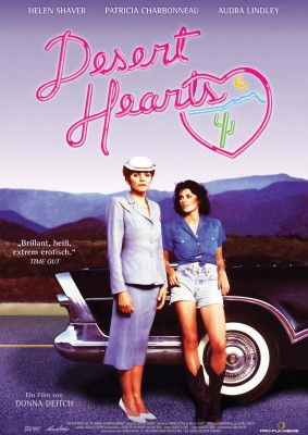 Desert Hearts Filmplakat, zwei Frauen, Wüstenlandschaft, rosa Herz.