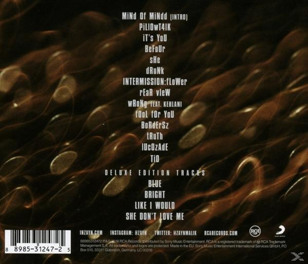 Album borító ZAYN dalfájlokkal fehér szöveggel egy elmosódott, barna háttérben, világos foltokkal.