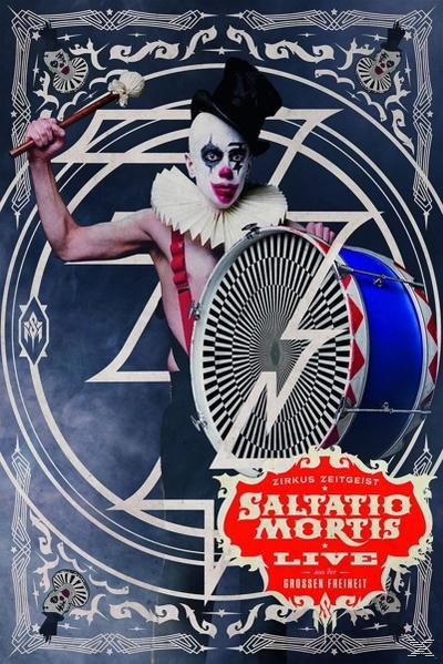 Poster: Clown mit Trommel, Zylinder und Hosenträgern. Text: Saltatio Mortis Live.