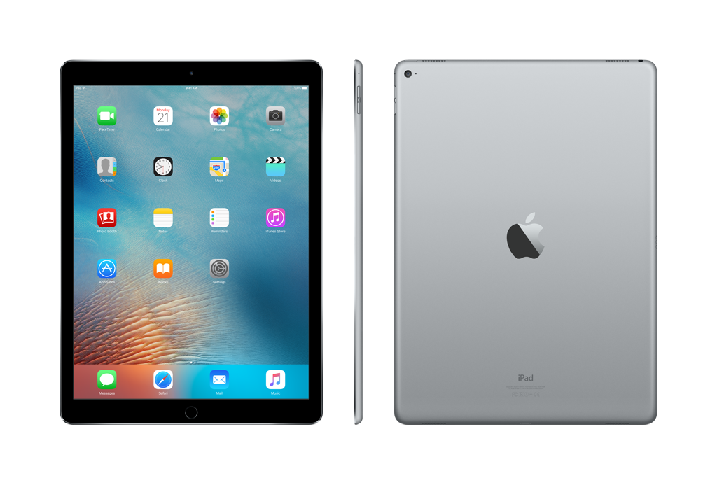 Silbernes iPad mit schwarzem Bildschirm und Symbolen.