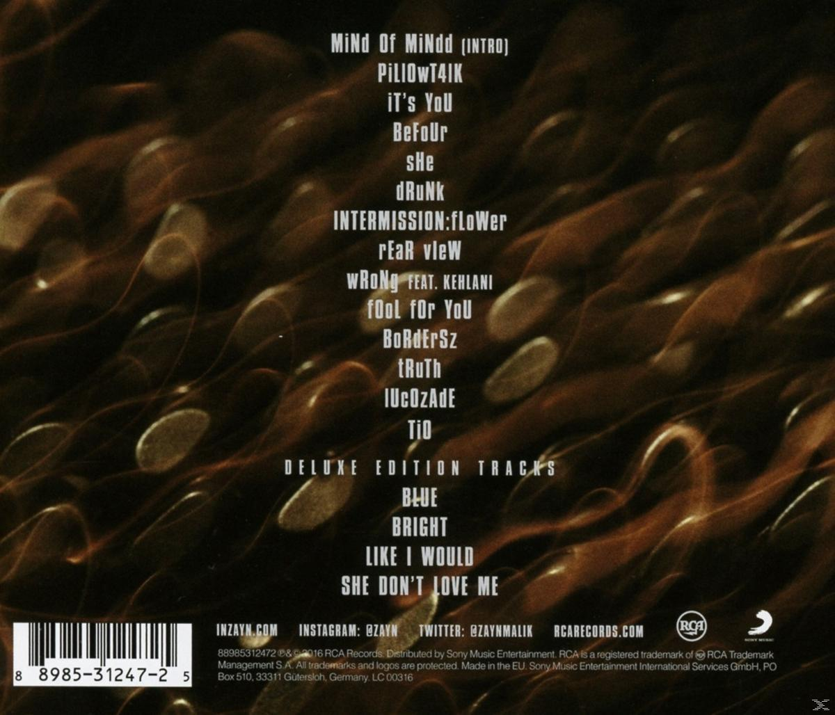 Achterkant van de cd met tracklist van 'Mind of Mindd (Intro)' en andere nummers van Zayn.