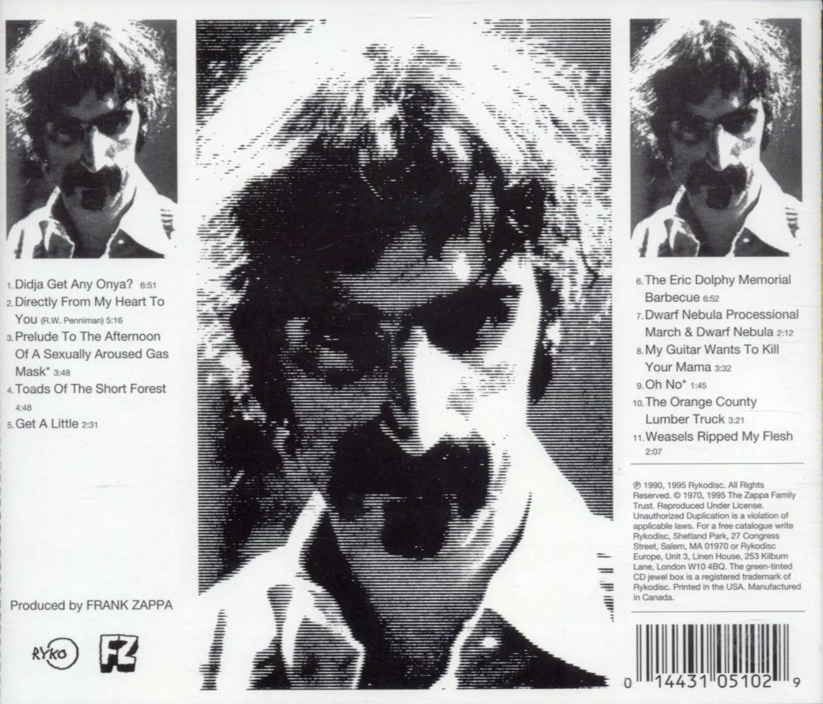 Albumcover, Frank Zappas Gesicht in Schwarzweiß, Songtitel rechts aufgelistet.