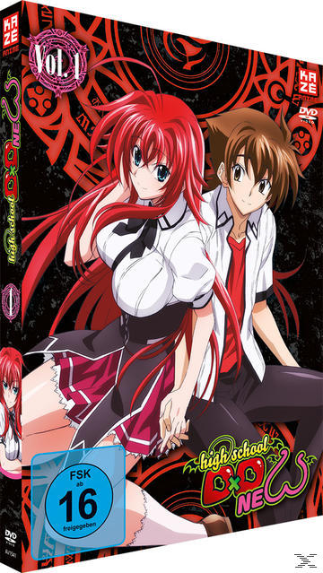 DVD-Cover für High School DxD Vol. 1. Enthält zwei Anime-Charaktere, einen roten Hintergrund und den Titel.