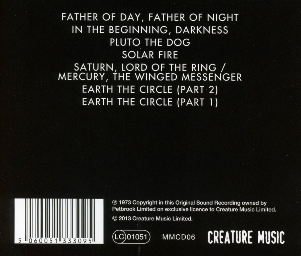 Albumcover mit Text, der Songtitel und Copyright-Informationen auf schwarzem Hintergrund auflistet.