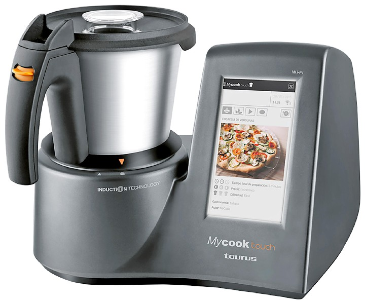 Un electrodoméstico de cocina Mycook Touch con una pantalla digital que muestra una receta y una comida.