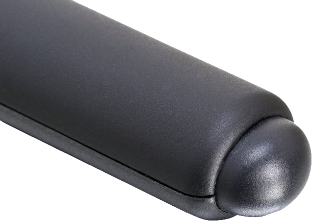 Egy fekete, lekerekített, ergonomikus eszköz közelképe, valószínűleg egy nagyobb termék része.