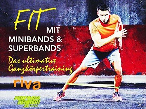 Mann, der mit Band trainiert, Text 'FIT' und 'MINIBANDS & SUPERBANDS' auf rotem Hintergrund.