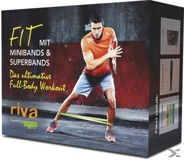Box-Set mit einem Mann, der mit Widerstandsbändern trainiert, Text lautet 'FIT' und 'MINIBANDS & SUPERBANDS'.