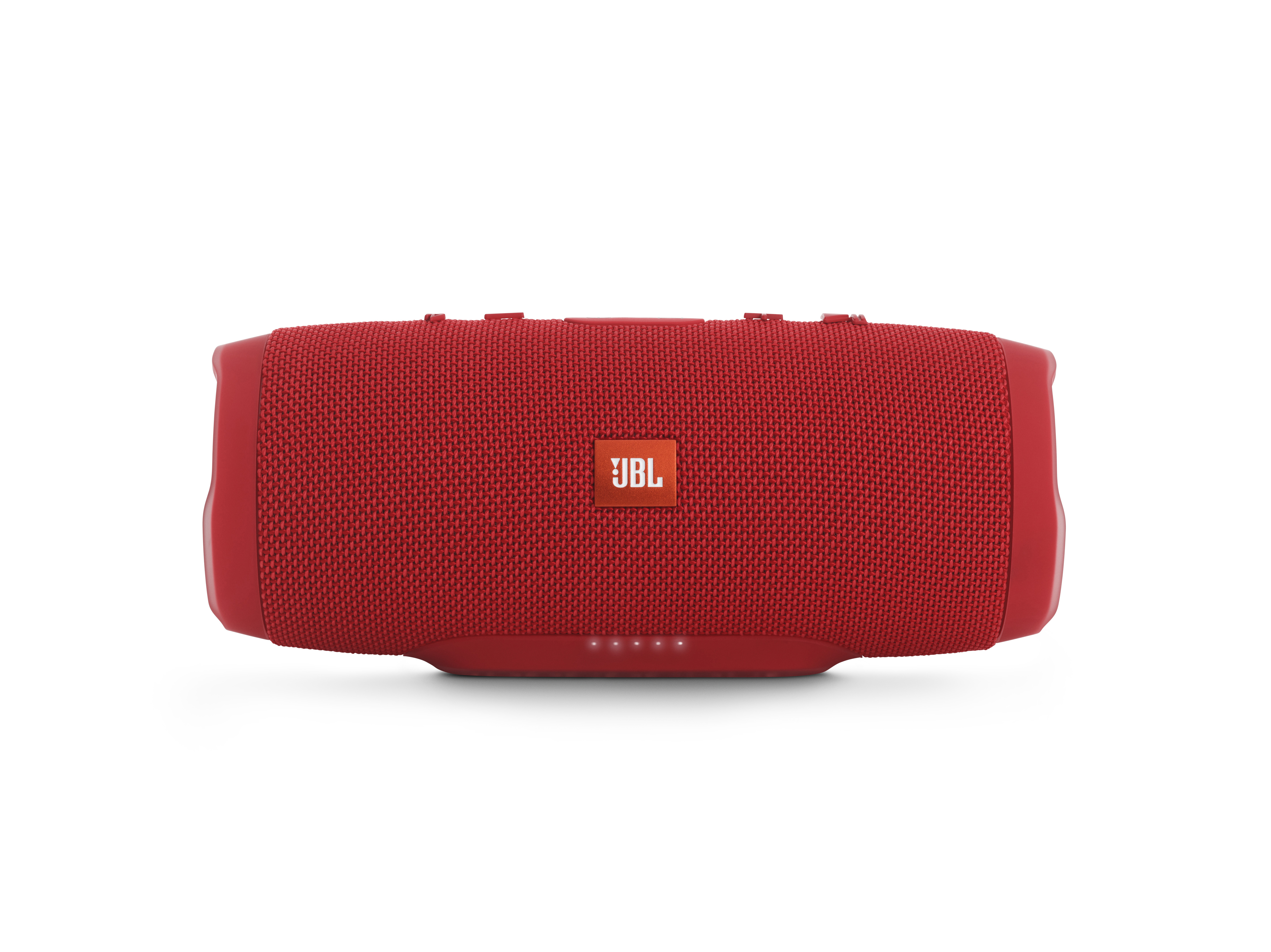 Roter JBL-Lautsprecher, rechteckige Form, mit Mesh-Textur, liegend auf weißem Hintergrund.