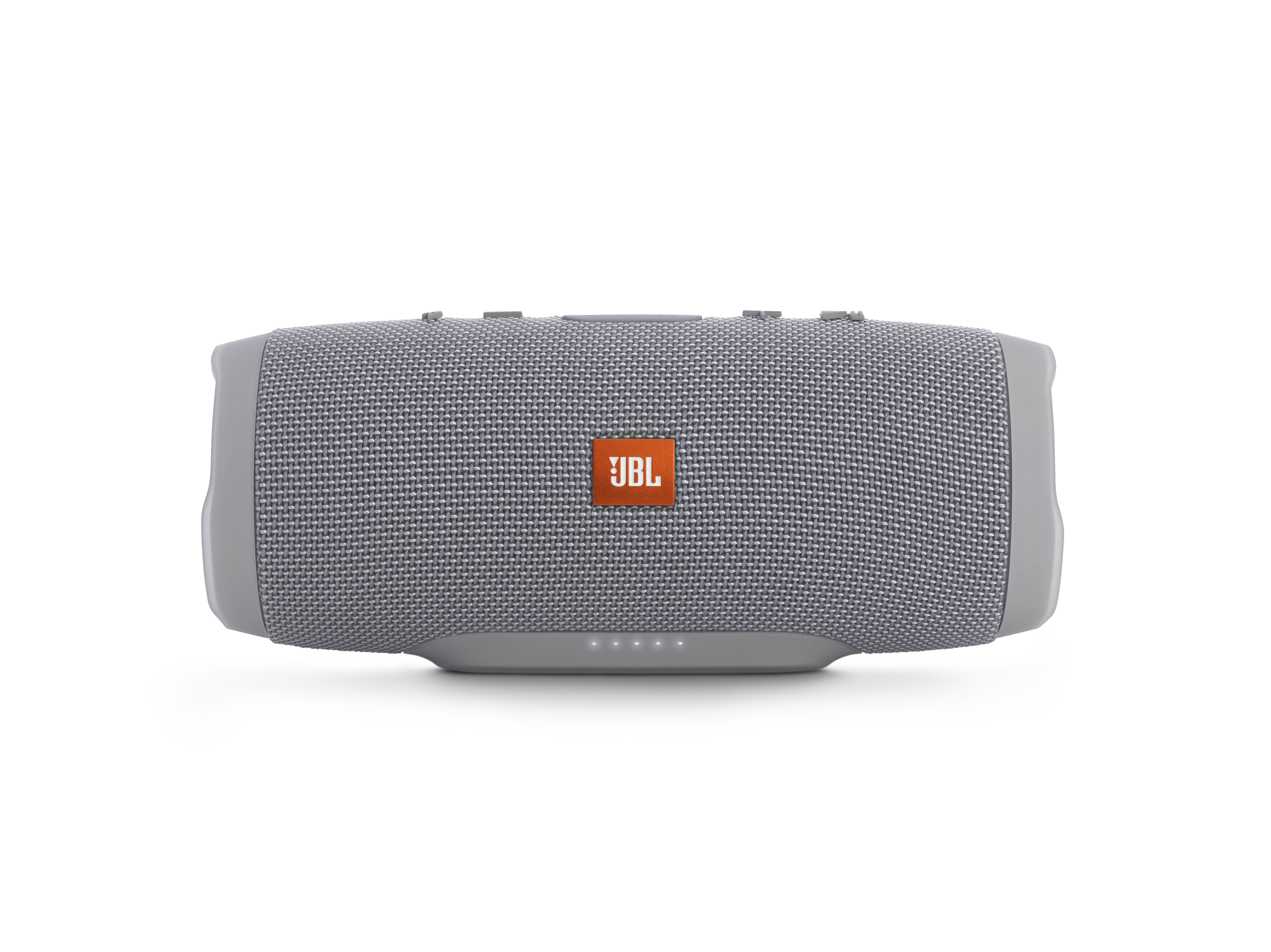 Ein grauer JBL-Lautsprecher mit einem orangefarbenen JBL-Logo in der Mitte und einer Reihe von Lichtern darunter.