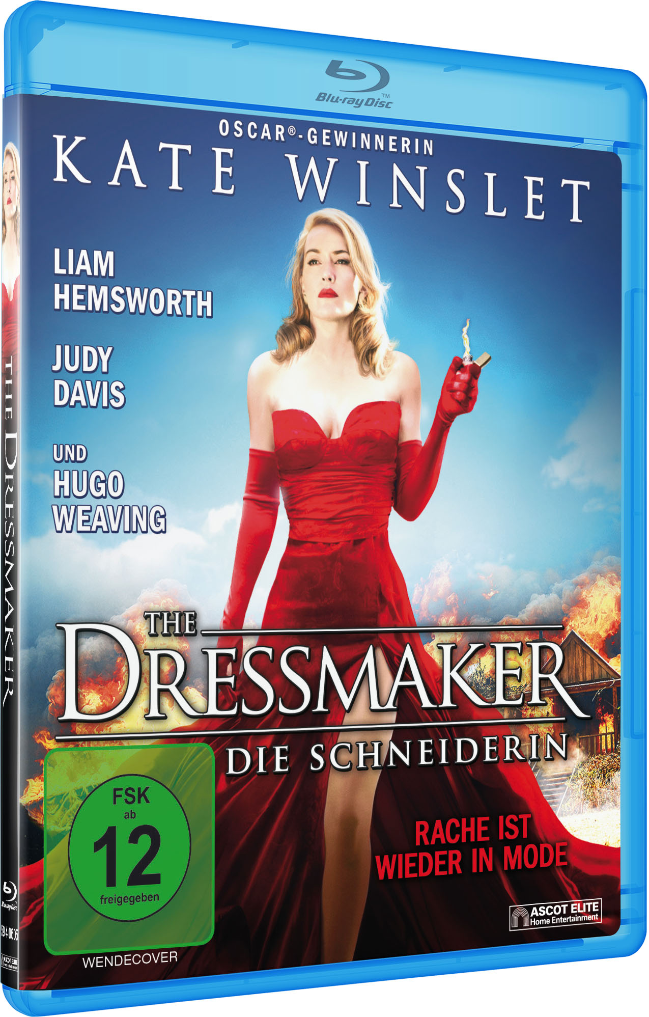 Blu-ray-Hülle mit einer Frau in rotem Kleid, mit dem Titel 'The Dressmaker' und den Namen der Schauspieler.