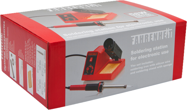 Forrasztóállomás doboz, piros és szürke, forrasztópáka és tartozékok képével.