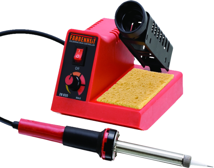 Forrasztóállomás, piros alap forrasztópákával és szivaccsal.