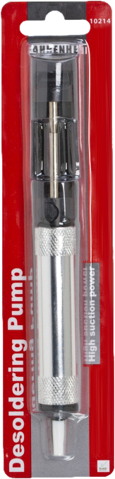 Egy piros-fehér forrasztó porszívó műanyag csomagolásban. A pumpa ezüst és fekete.