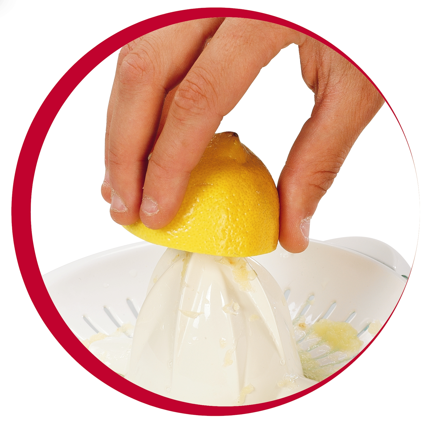 A hand squeezing a yellow lemon onto a white citrus juicer, inside a red circle. White background.