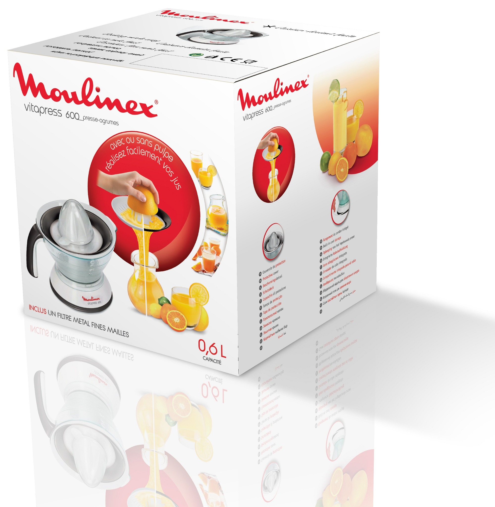 Moulinex juicer box with images of a juicer and juice, and a 0,6L capacity.