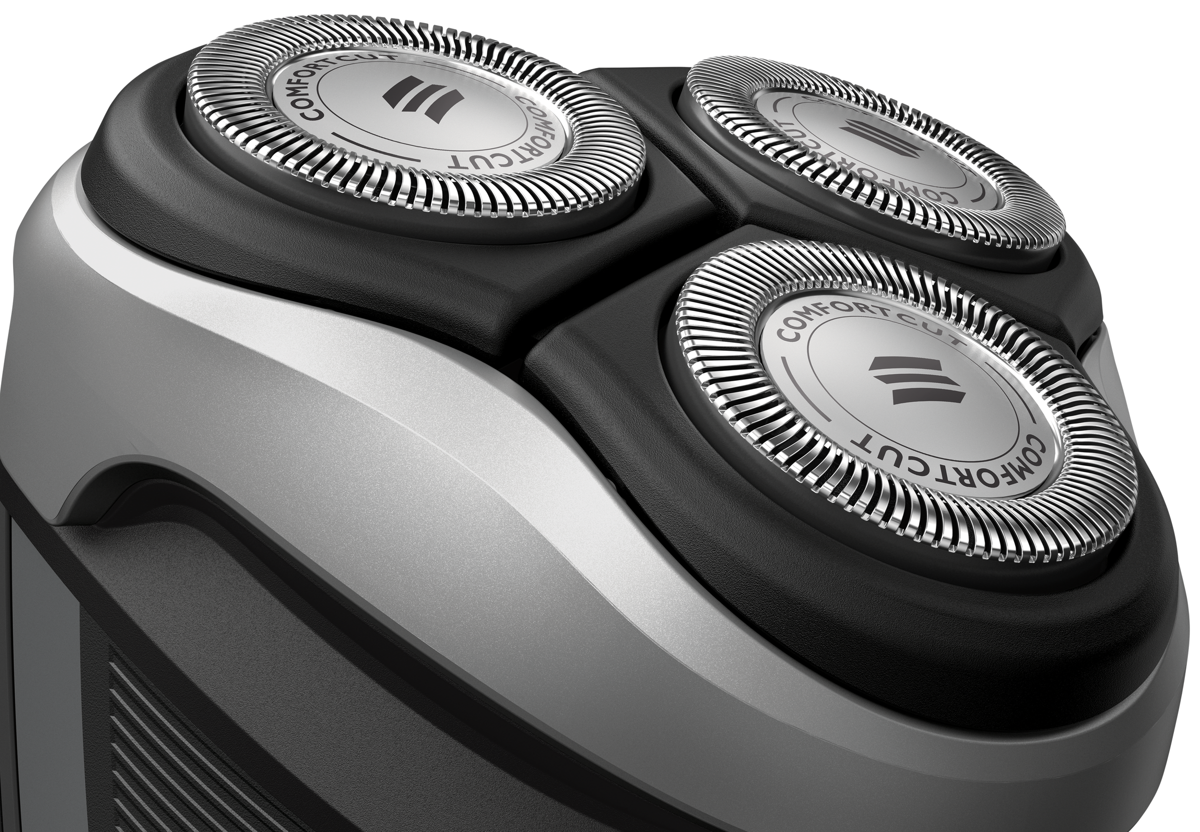Close-up of a black and silver electric shaver head with three rotary blades, each with the word 'COMFORTCUT'.