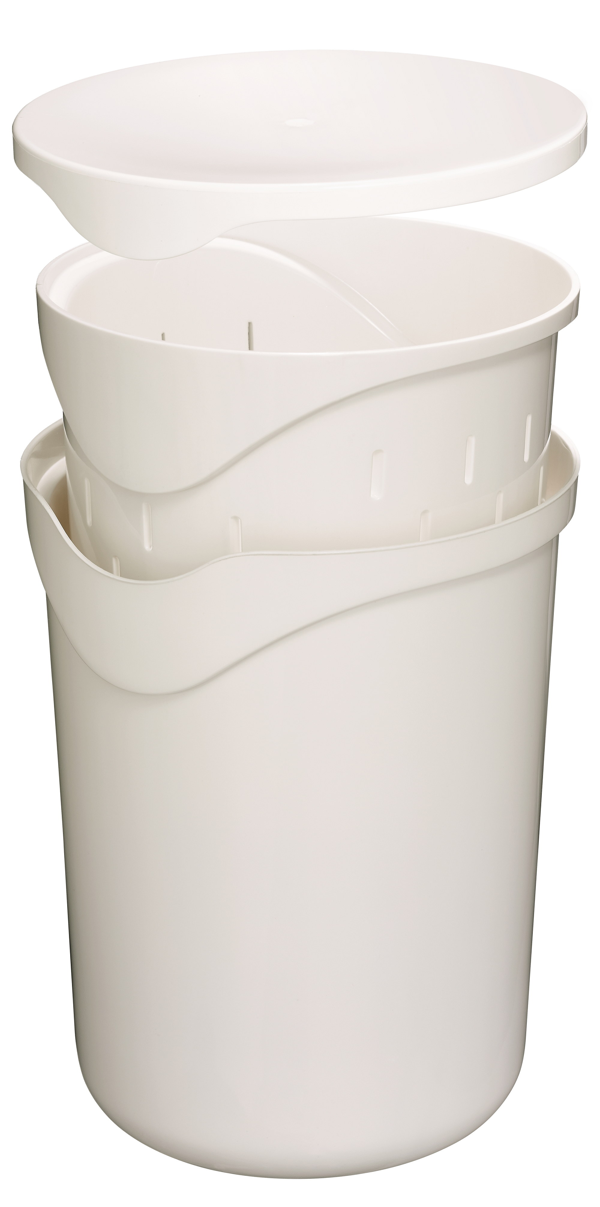 Witte compostbak. Open deksel, binnenmand en buitencontainer.