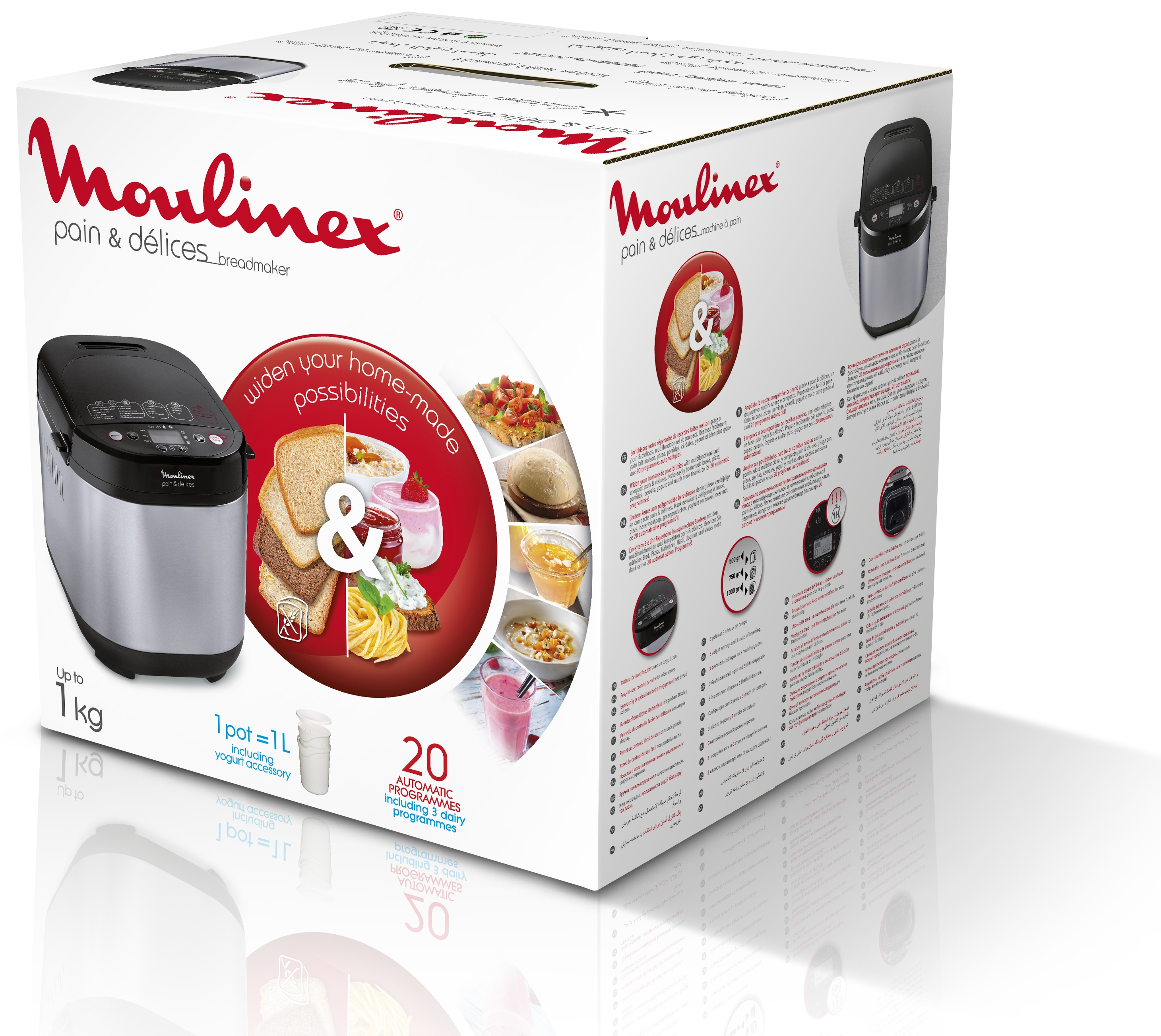 Een Moulinex broodmachine doos met afbeeldingen van brood, ingrediënten en het apparaat zelf.