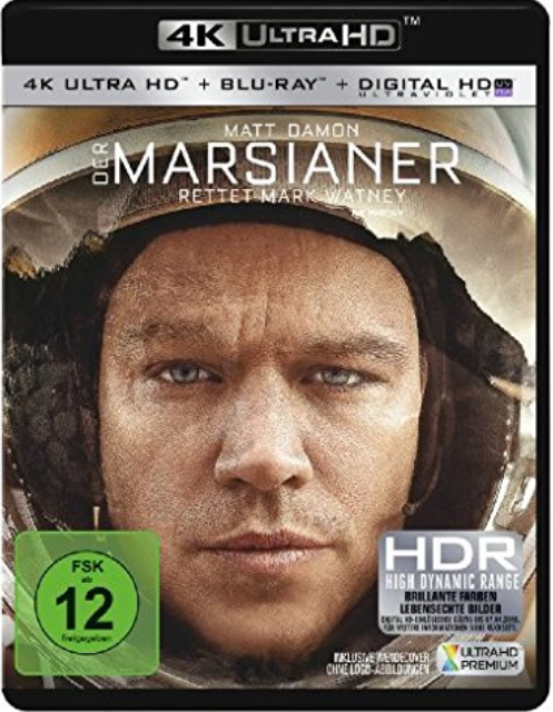Filmcover mit Matt Damons Gesicht, Text 'DER MARSIANER' und '4K ULTRA HD' Branding.
