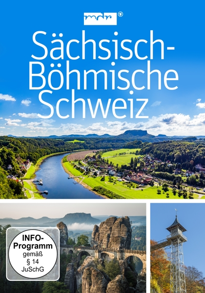 Werbeposter für 'Sächsisch-Böhmische Schweiz' mit Flussszene, blauem Himmel und Bergen. Enthält weitere Bilder.