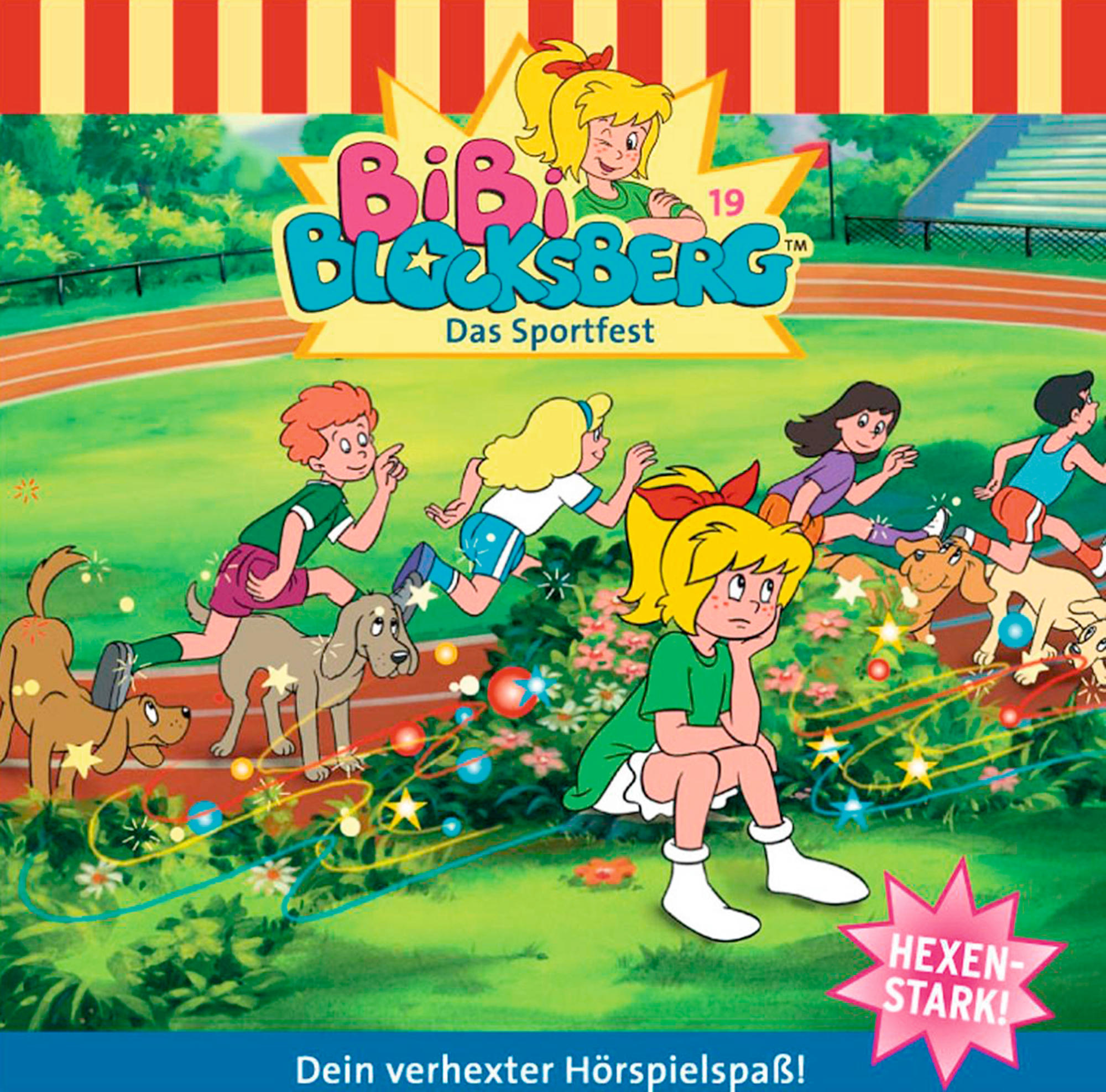 Cartoonbild einer Sportveranstaltung mit mehreren Kindern, die laufen.