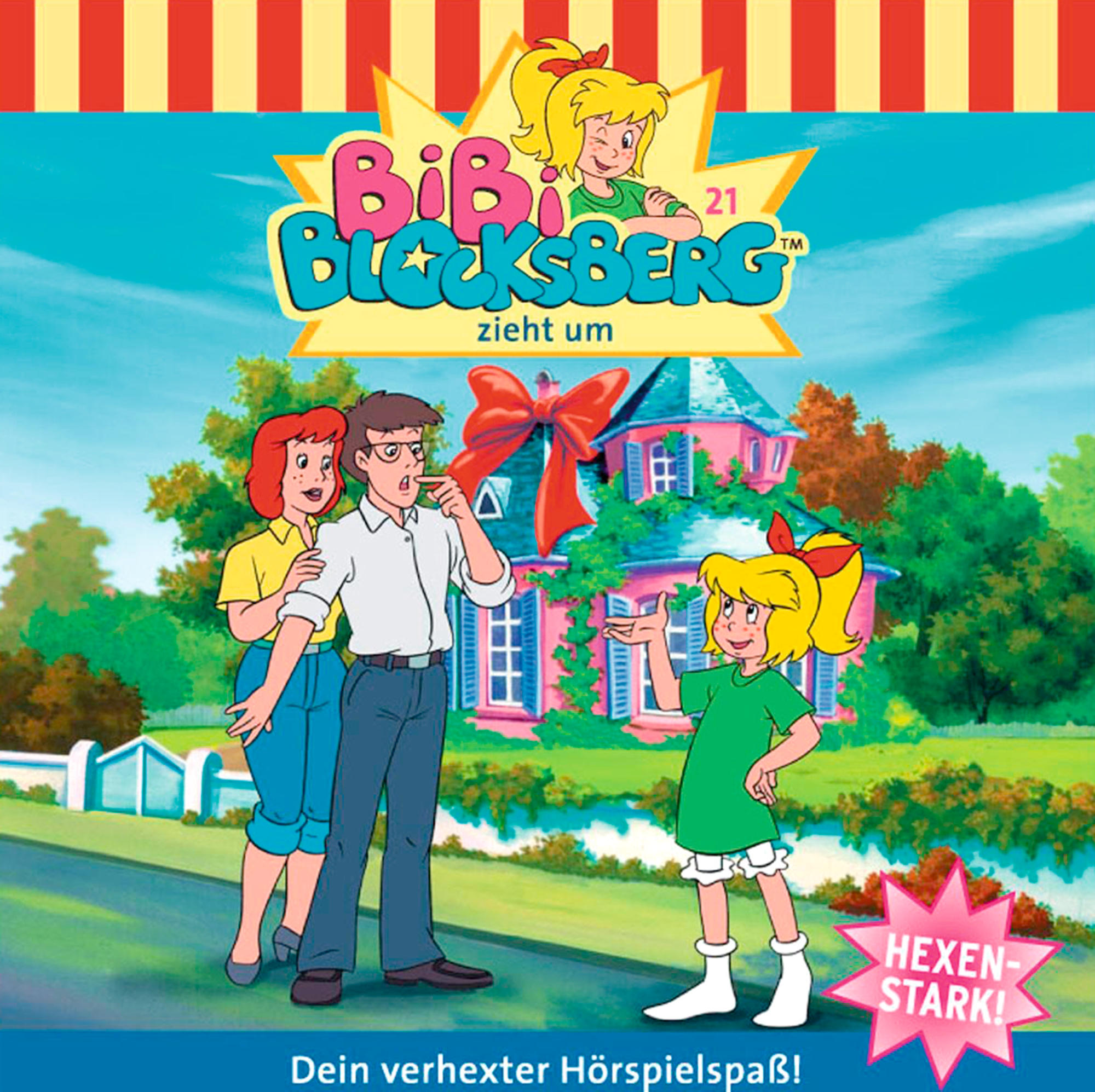 Cover des Cartoons "Bibi Blocksberg": Mädchen in grünem Kleid, Haus im Hintergrund, Familie davor.