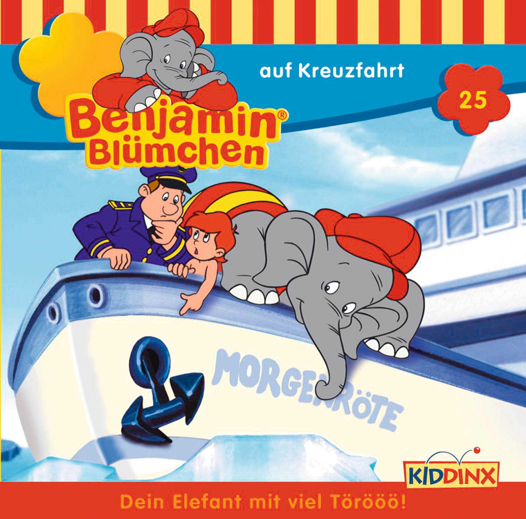 Benjamin Blümchen Buchcover mit Elefant, Junge und Boot.