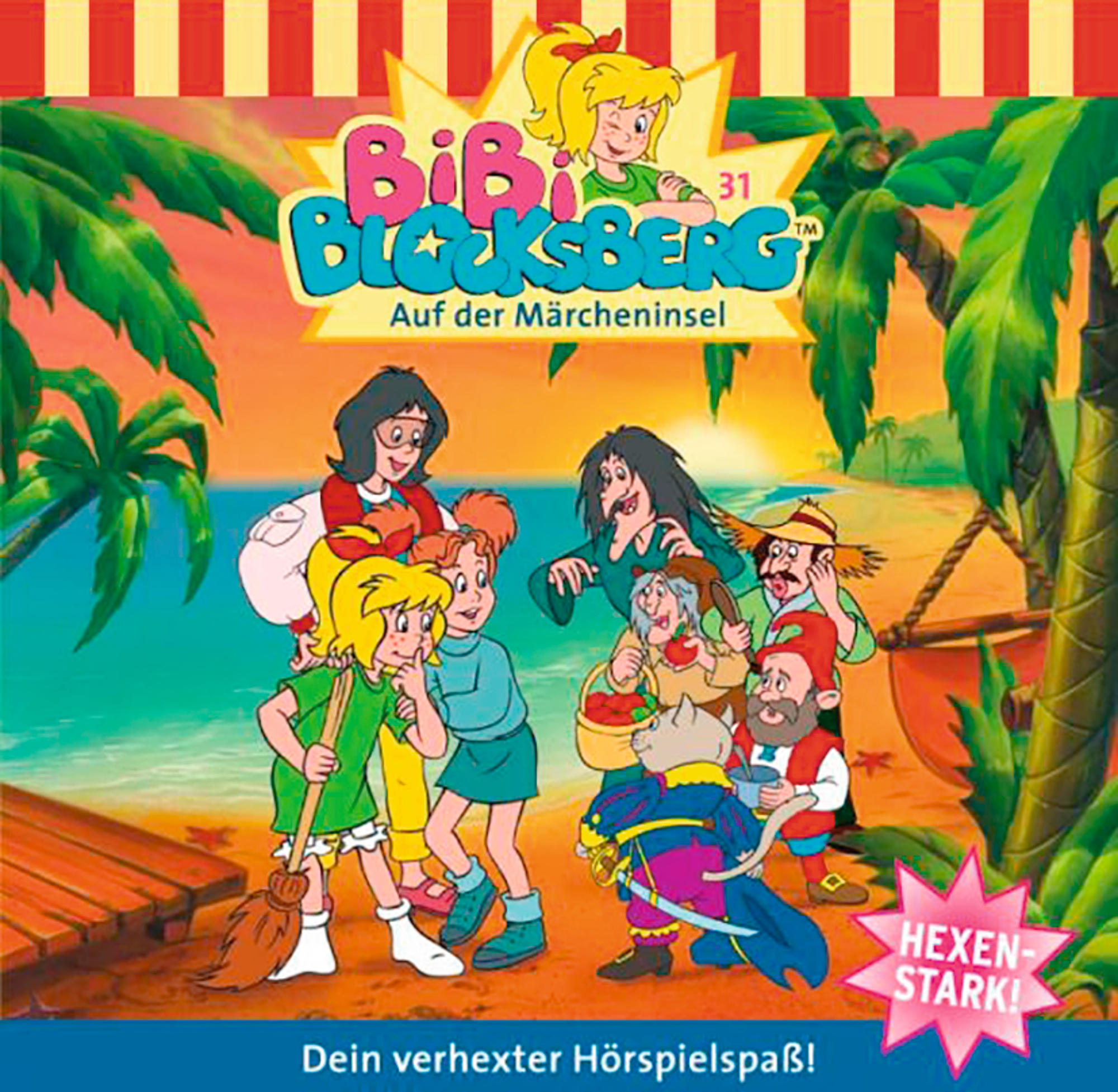 Bibi Blocksberg Cartoon-Cover. Zeichentrickfiguren in tropischer Umgebung.
