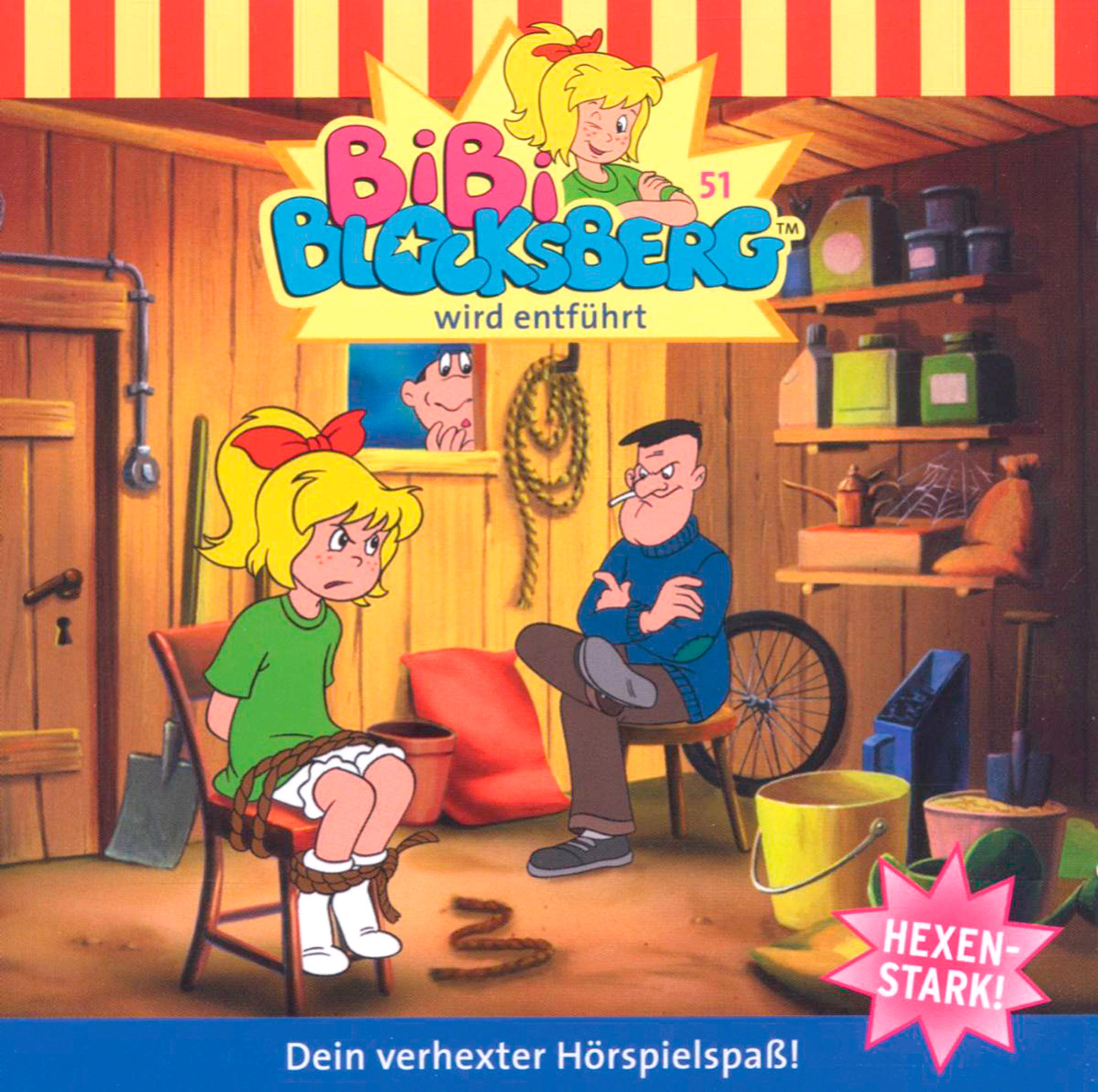 Cartoonbild eines an einen Stuhl gefesselten Mädchens, eines rauchenden Mannes und einem Titel "Bibi Blocksberg".