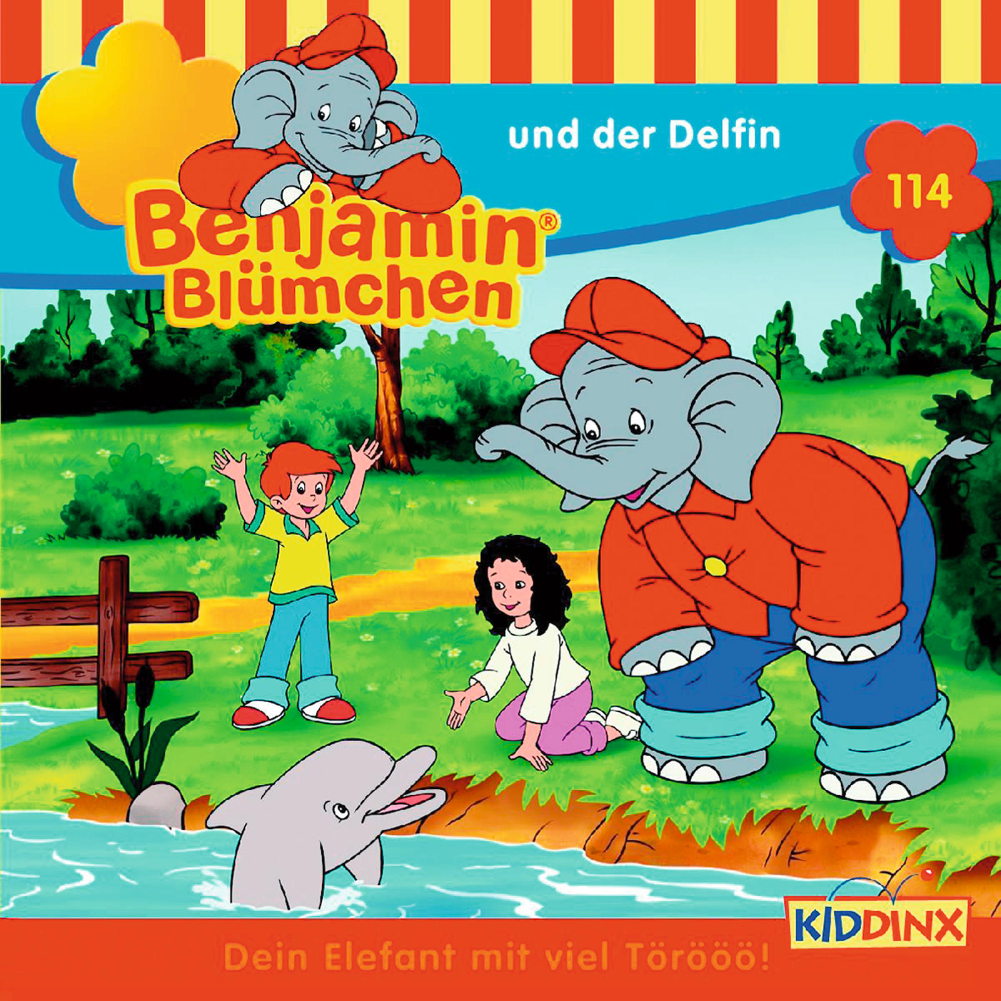 Illustration von Elefant und Kindern, die am Wasser spielen.