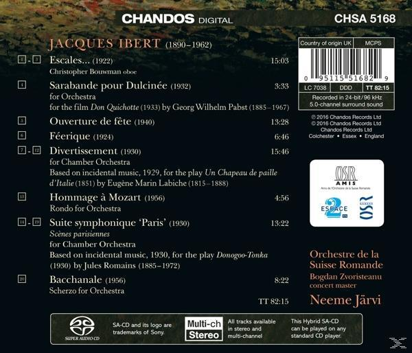 CD-Cover für die Musik von Jacques Ibert. Der Text enthält Songtitel, Interpreten und ein Foto des Orchesters.