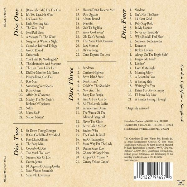 Die Rückseite einer CD-Hülle mit Titellisten, einschließlich vier CDs mit Songs.
