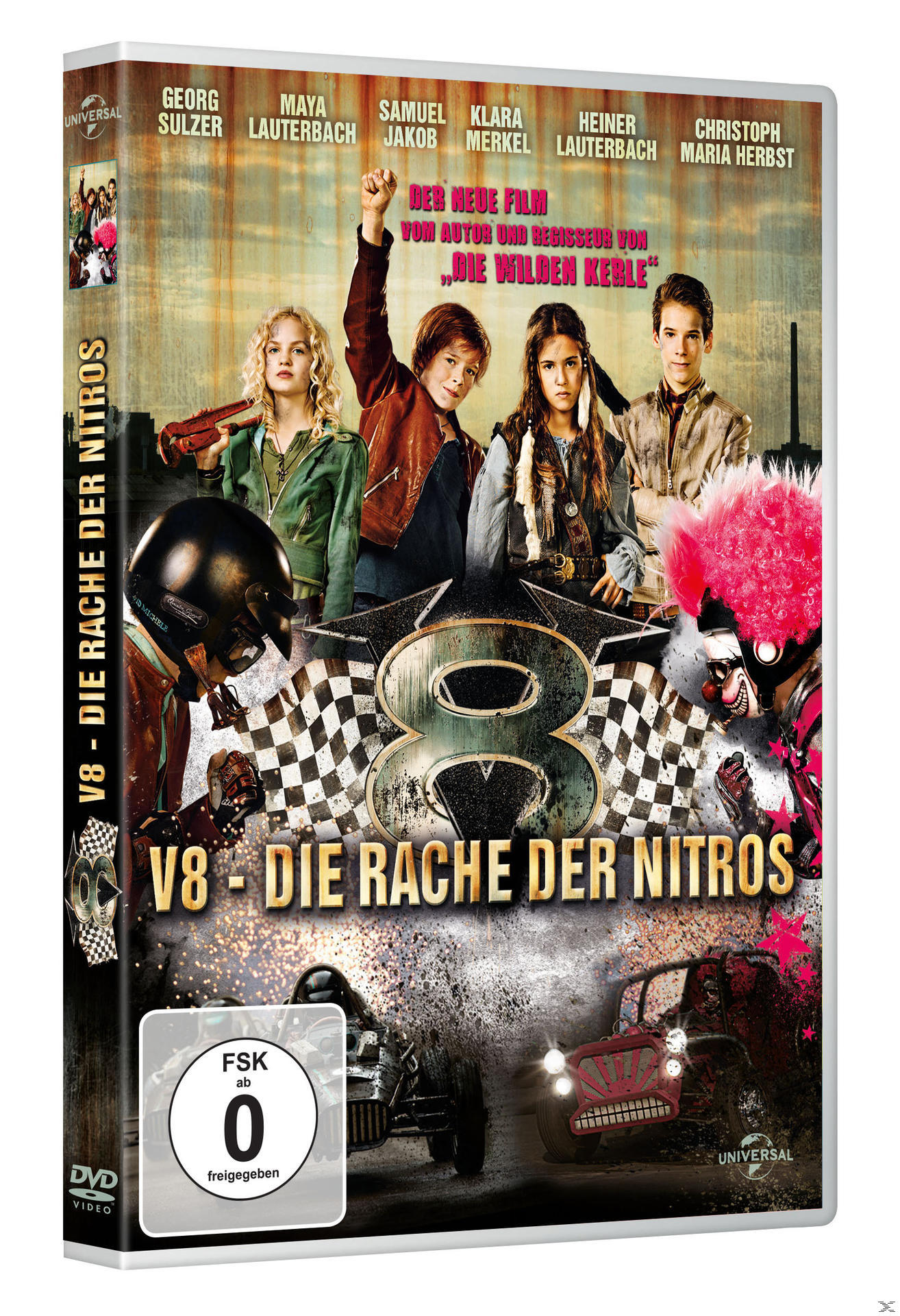 DVD-Cover mit Schauspielern, einem Rennwagen und einer Zielflagge. Der Filmtitel lautet "V8 - Die Rache der Nitros".