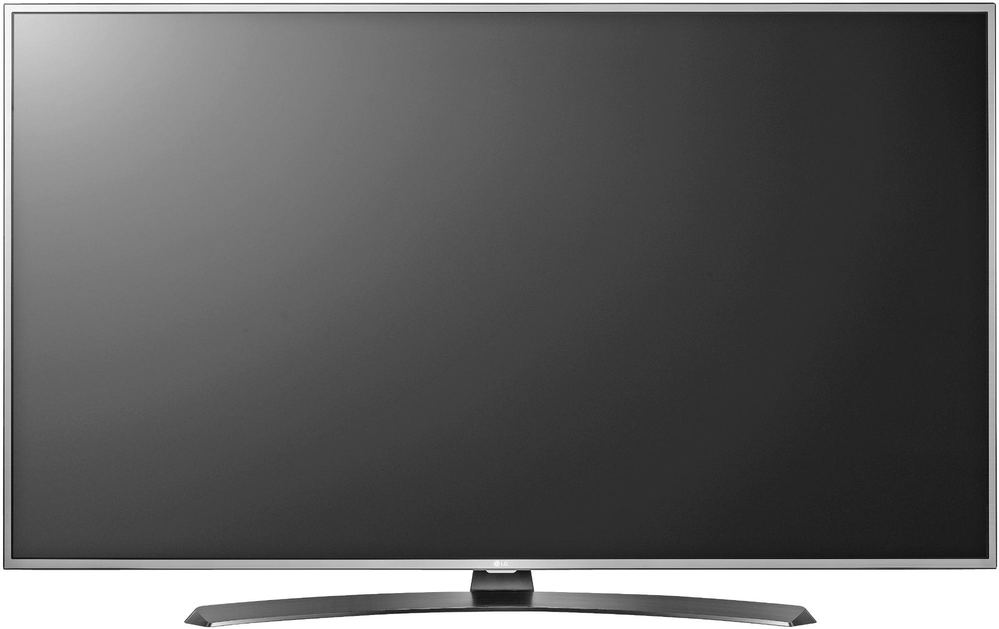 Un televisor de pantalla plana negro grande con marco plateado y base curva, sobre fondo blanco.