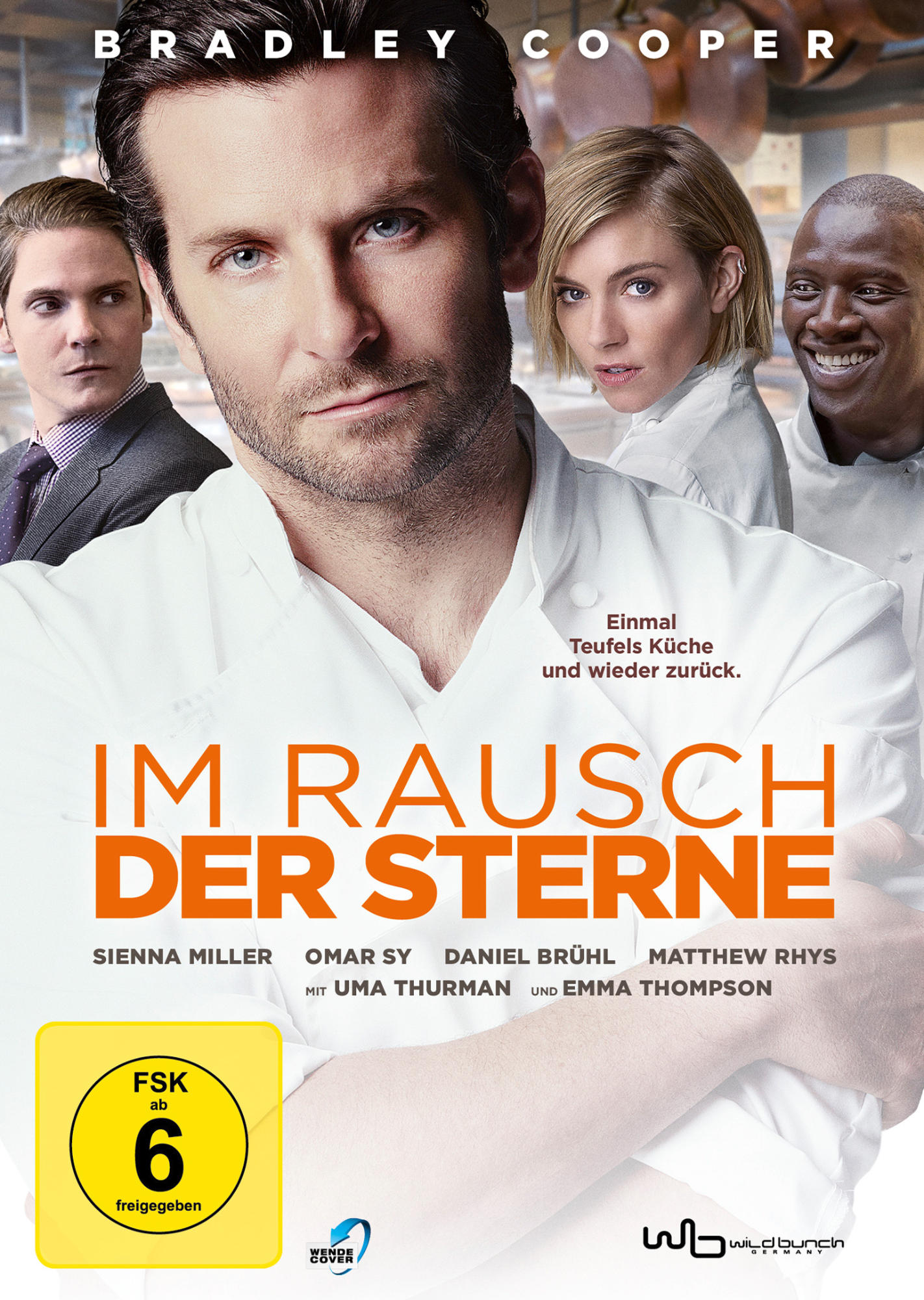 Filmplakat: 'Im Rausch der Sterne' mit Bradley Cooper und anderen Schauspielern, weißer Kochmantel, deutscher Text.