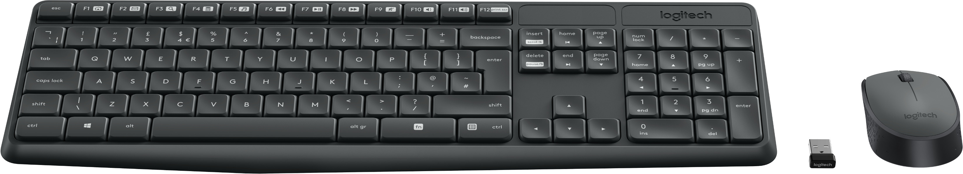 Een zwarte Logitech toetsenbord- en muisset met een USB-ontvanger.