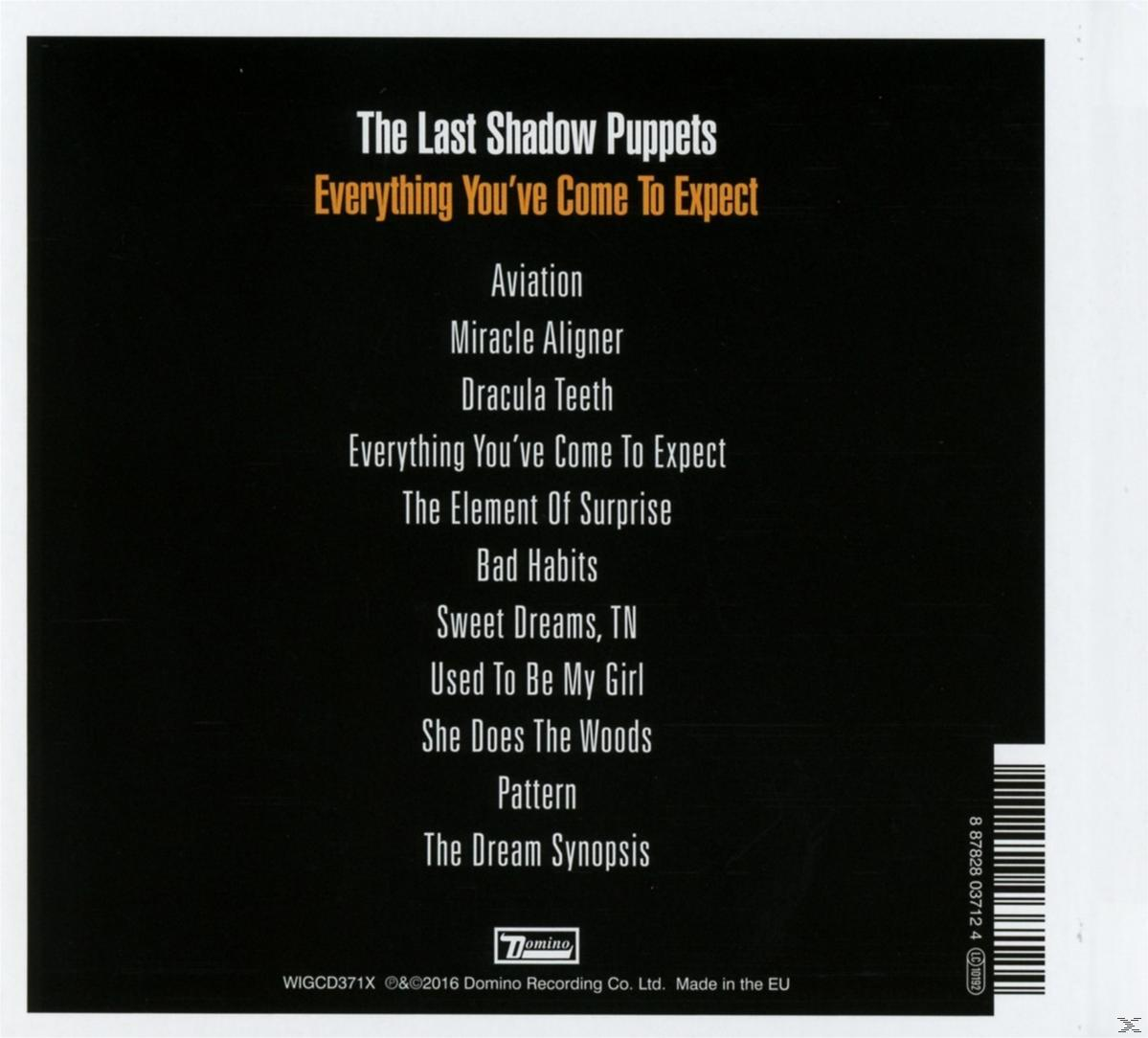 Achterkant van de cd met tekst. Lijst met nummers van 'Everything You've Come To Expect' van The Last Shadow Puppets.