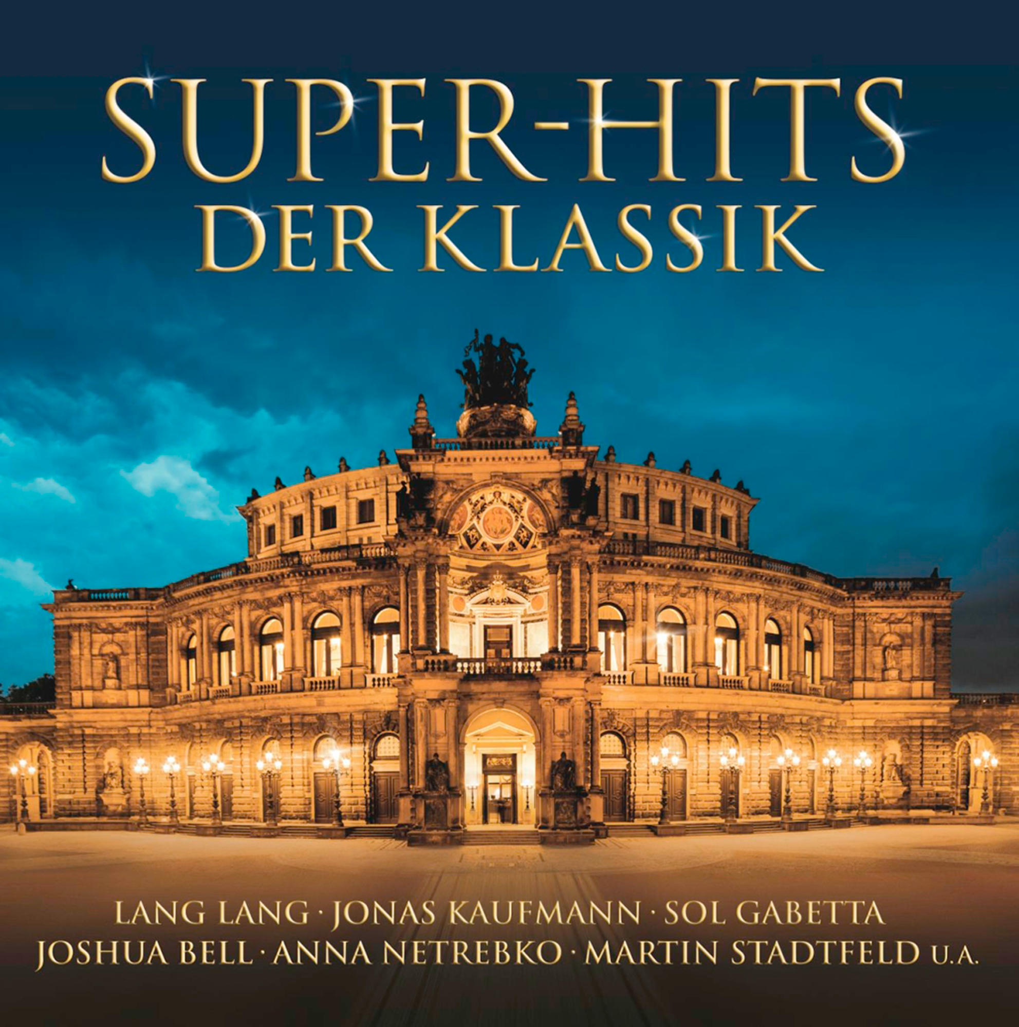 Albumcover von 'Super-Hits der Klassik'. Enthält Gebäude mit 'SUPER-HITS DER KLASSIK' in Gold.