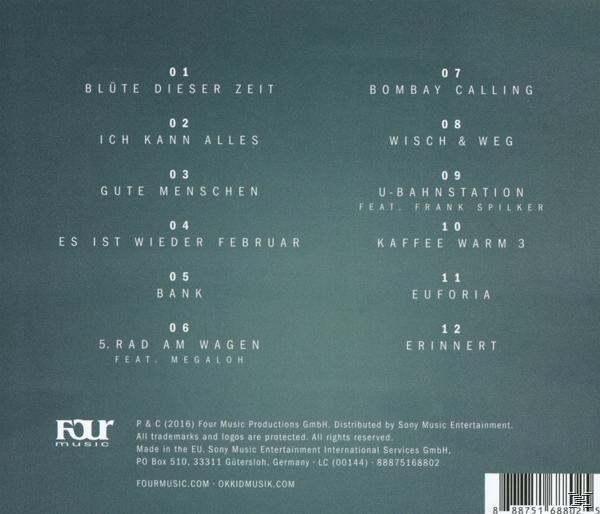 Album-Rückseite mit deutschen Songtiteln und Logos auf türkisblauem Hintergrund.