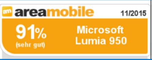 AreaMobile Testergebnis. Orange und weißes Banner. Microsoft Lumia 950. 91% (sehr gut).