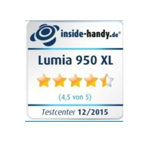 Inside-handy.de Testergebnis. Weißes Banner mit Sternebewertung. Lumia 950 XL, 4,5 von 5 Sternen.