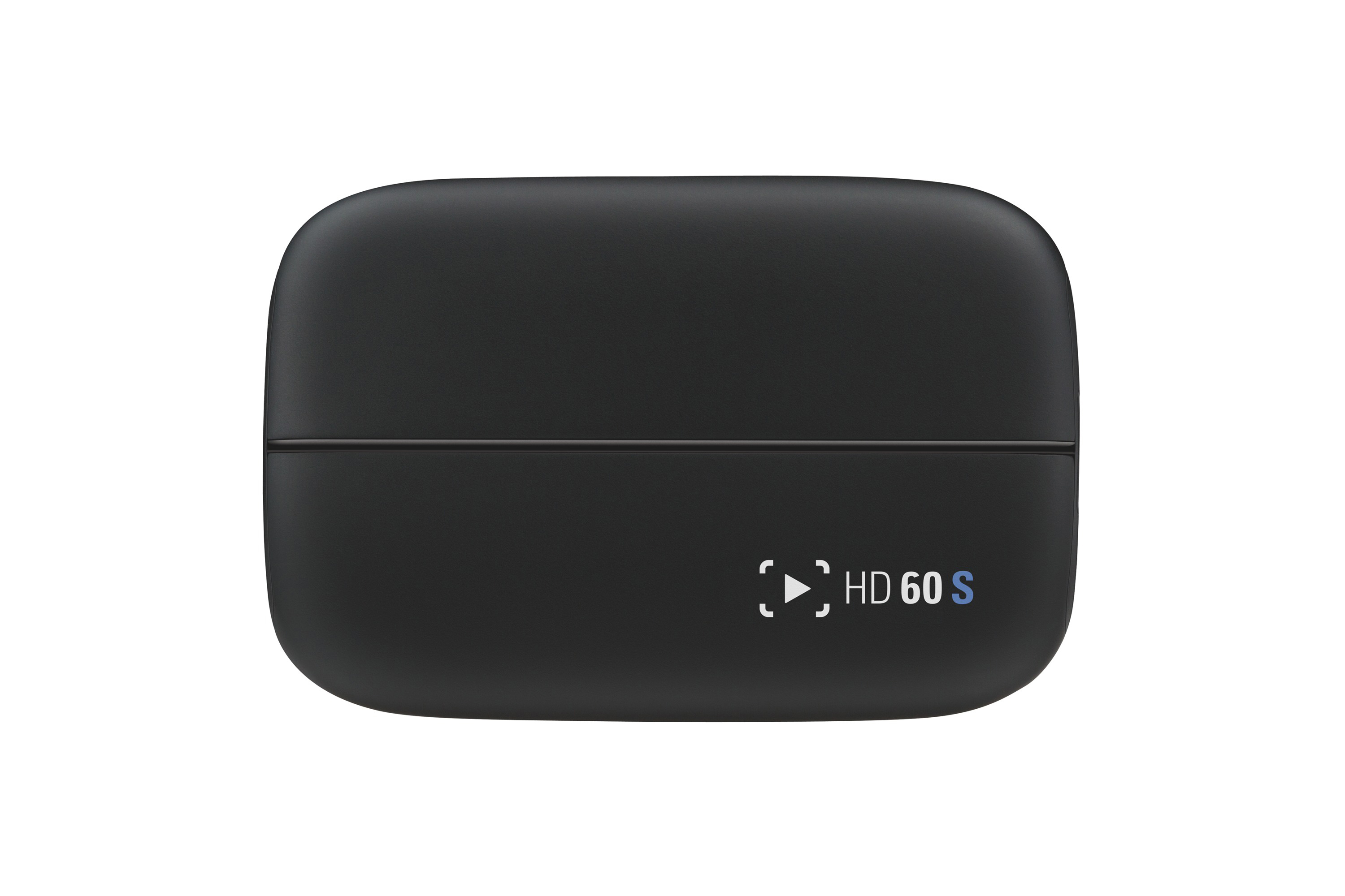 Schwarzes, rechteckiges Elgato HD60 S-Gerät mit HD60 S-Text auf der Seite, vor weißem Hintergrund.