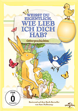 DVD-Cover mit Cartoon-Illustrationen eines Kaninchens, eines Vogels und eines Küken. Bunter Hintergrund.