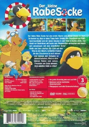 DVD-Cover von 'Der kleine Rabe Socke'. Illustration eines Bären, eines Vogels und anderer Zeichentrickfiguren.