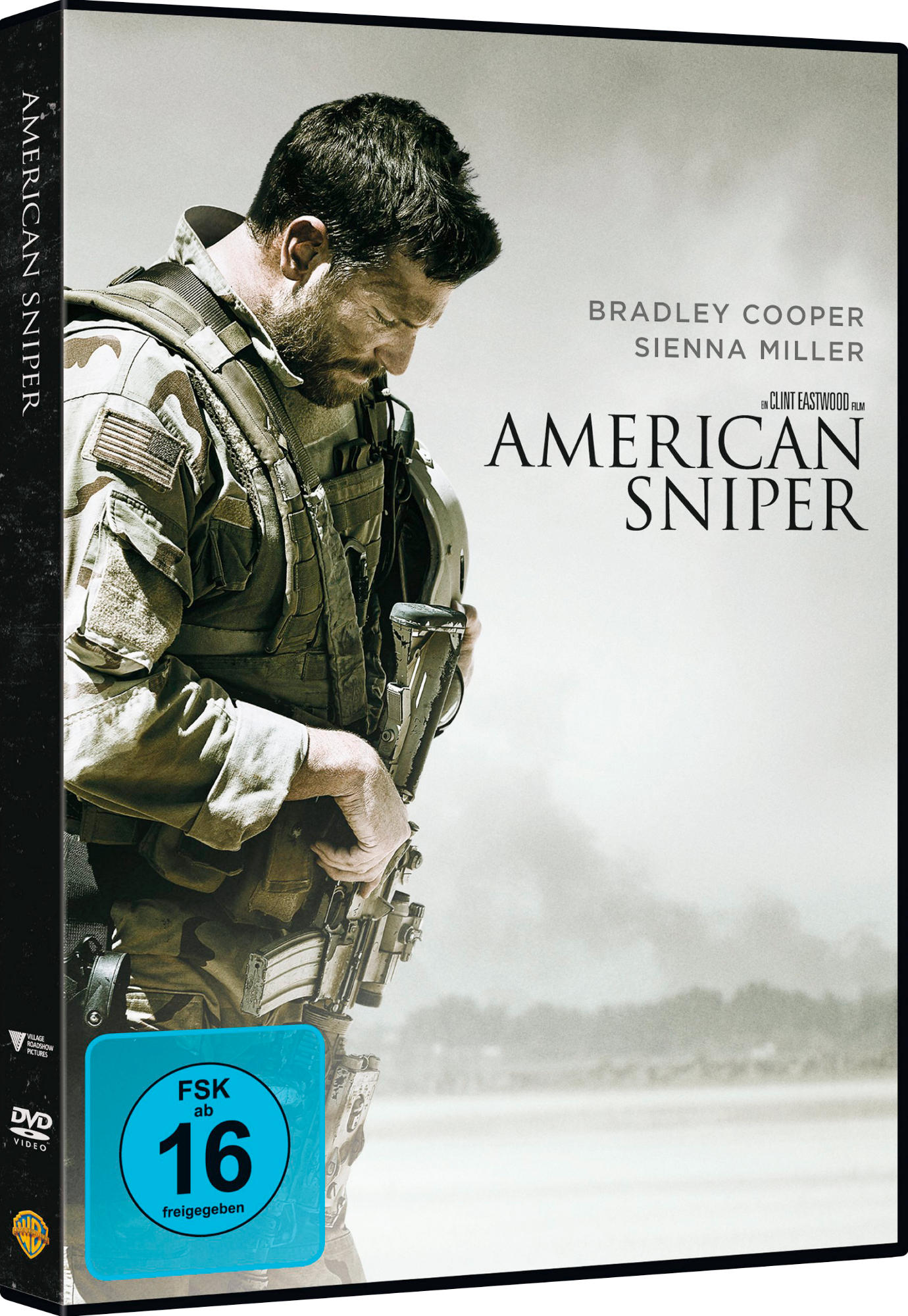 DVD-Hülle von 'American Sniper'. Mann in Uniform, hält ein Gewehr.
