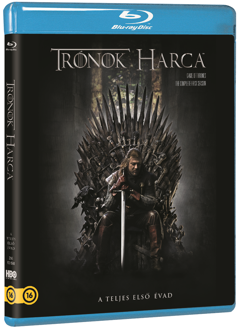 A 'Game of Thrones' Blu-ray borítója. Egy ember a trónon karddal. Sötét és középkori téma.